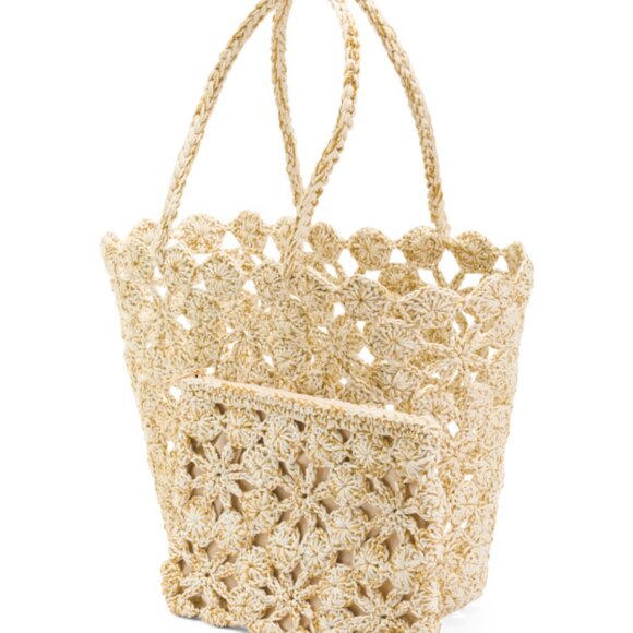 . NEW MOST WANTED womens Metallic Crochet Tote Bag With Matching Pouch ivory 253 - Picture 5 of 7
